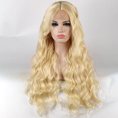 Destiny Love Blonde Wavy Lace Front Wigs Color 613# Natural Wave Long Free Parting Curly Synthetic Full Density Fibre Hair Glueless Lace Wigs with Baby Hair for Women 24 Inches Blonde