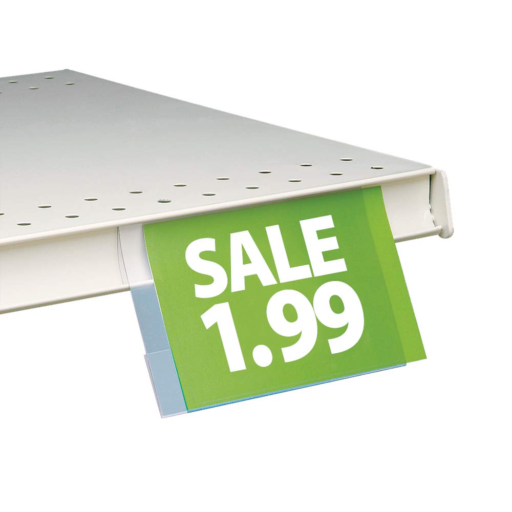 Photo 1 of Sightline DISPLAY Shelf Edge Price Channel Sign Holder - 5.5" W x 4.375" H (100 Pack) - Clear PVC Sign Holder with Two-Fold Design for Top-of-Shelf Display