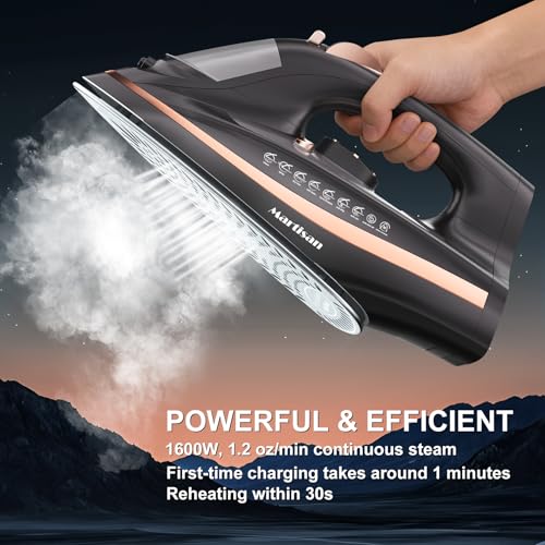 Martisan Cordless Iron for Clothes, 1600W, Wireless, Rapid Heating, Retractable Cord, Power Charging Base, Ceramic Soleplate, Auto-off, Anti-calc, Anti-drip, Self Clean