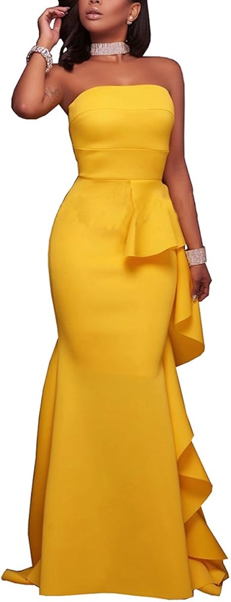 yellow strapless bodycon dress