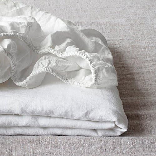 King Linens 100% Linen Fitted Sheet Stone Washed Solid Color - (1 Piece) 14 inch Deep Pocket Mattress Cover Soft Natural Breathable Farmhouse - White, Twin Size
