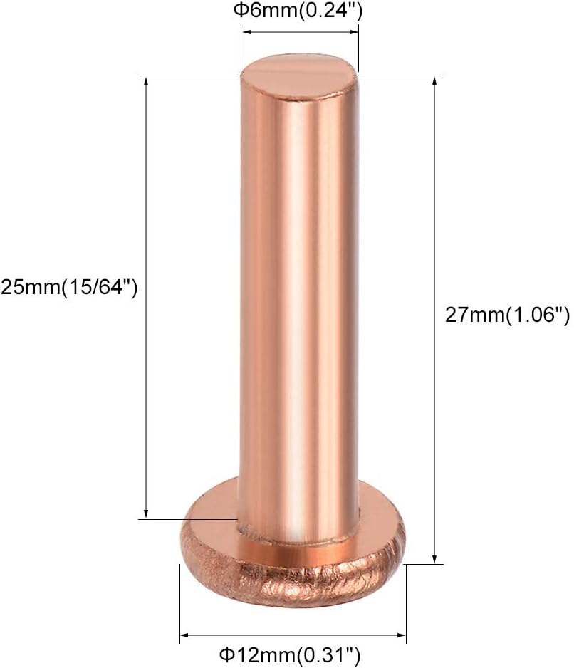 sourcing map 10Pcs 15/64" x 1" Flat Head Copper Solid Rivets Fasteners, 10 Pcs 15/64" x 1" - Image 3