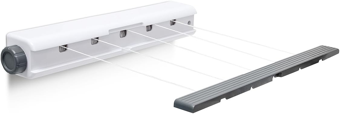 Relaxdays Wall Mount Clothes Drying Rack 20.8 m Automatic Roll-In Laundry Line 5 Lines, White/Grey, White / Grey, 7 x 47 x 7.5 cm