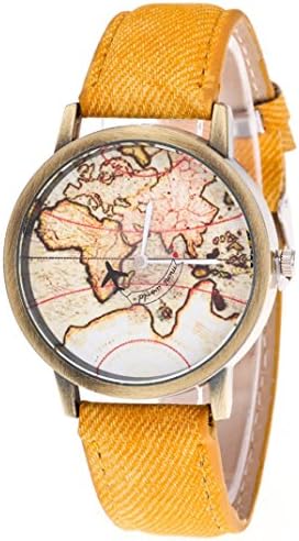 Sinineflower Fashion Women's World Map Cowboy Band Analog Quartz Wrist Watch (Yellow)