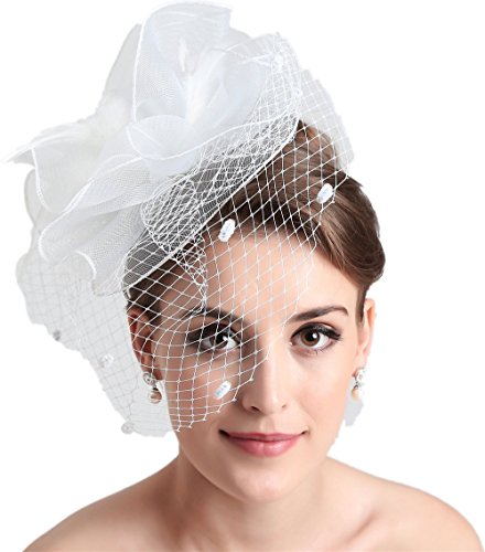 L'ivresse White Birdcage Net Wedding Bridal Fascinator Face Veils Feather Flower with Hairpins (WHITE)