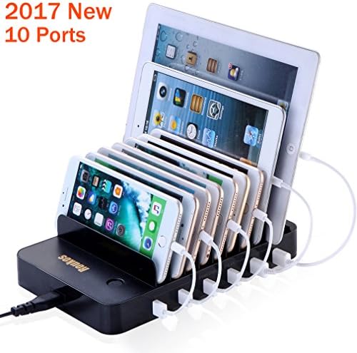 10 Ports Charging Station, Roukos USB Dock Organizer for Smart Phones &amp; Tablets with Built-in Patented Retractable Charging Cables for Cord Management (Black)