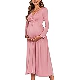AISWI Maternity Tie Front Dress A Line Long Sleeve V Neck Flowy Pregnancy Maxi Dresses for Baby Shower Casual 2025 Fall