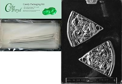 Cybrtrayd Mdk25S-K086 Pizza Slice Kids Chocolate Candy Mold with Packaging Bundle, Includes 25 Cello Bags, 25 Silver Twist Ties and Chocolate Molding Instructions