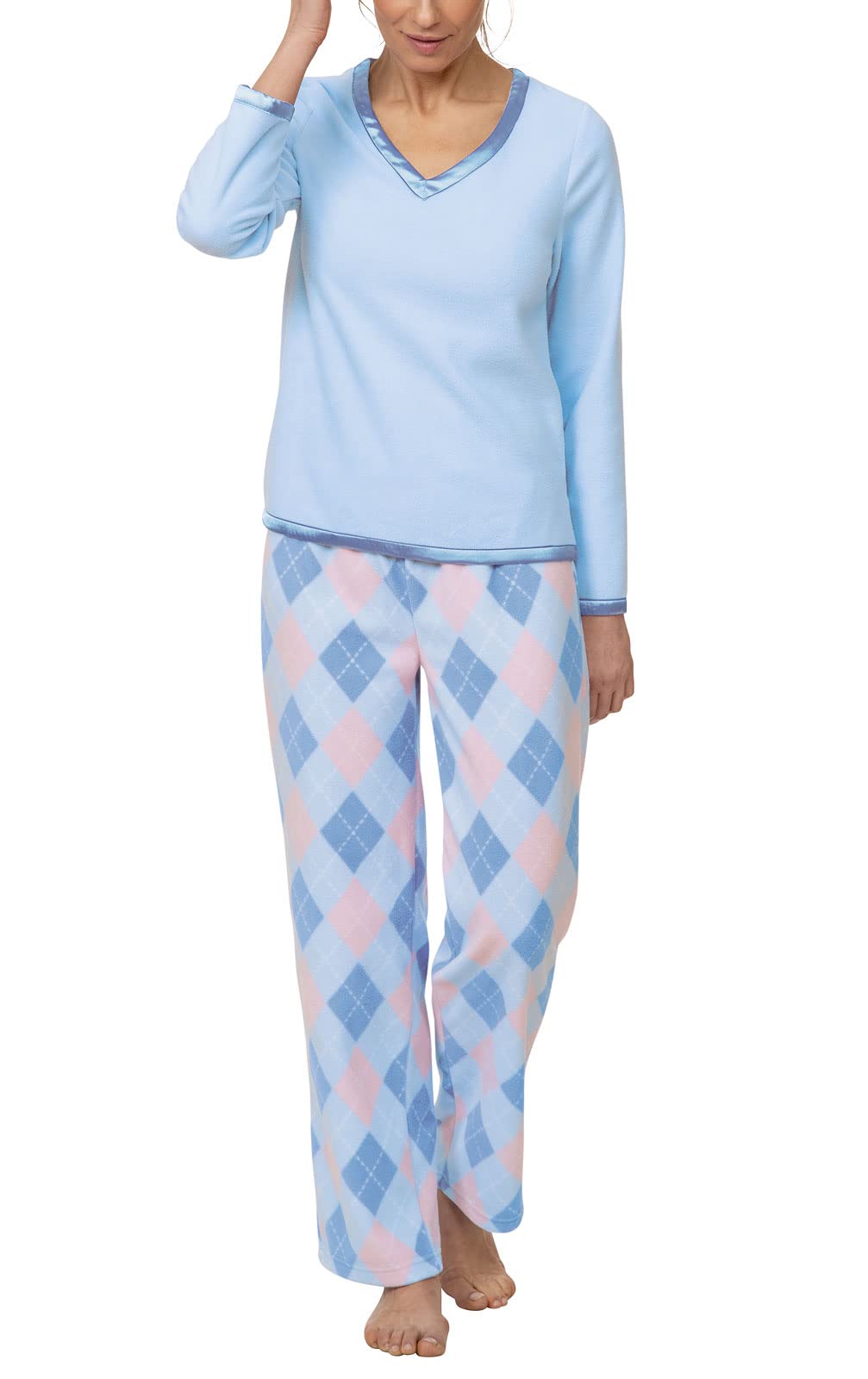 PajamaGram Fleece Pajamas Women Soft - Winter Pajamas for Women, Blue, M, 8-10 Image