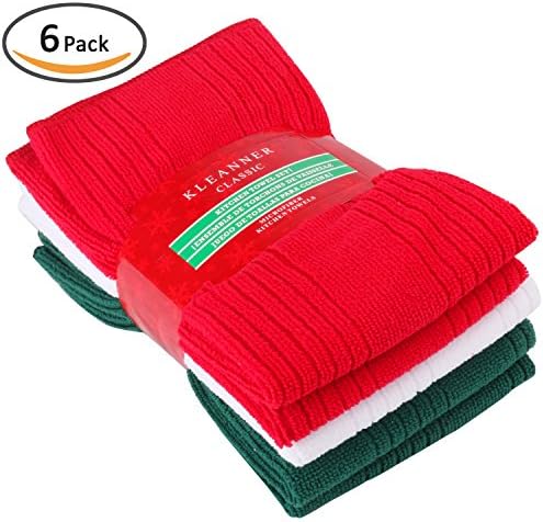 Kleanner Microfiber Classic Christmas Kitchen Dish Towel, Absorbent, Fast Dry, Decorative Winter Holiday Dish Cleaning Cloth, X- Max Color Green Red White, Set Of 6