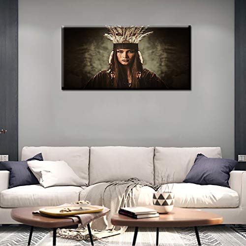 TUMOVO Canvas Wall Art Native American Indian Girl White Feather Woman in Traditional Indian Garment and Headdress Portrait Canvas Picture for Living Room Home Decor Frame Painting (24''Wx48''H) - Thumbnail 4