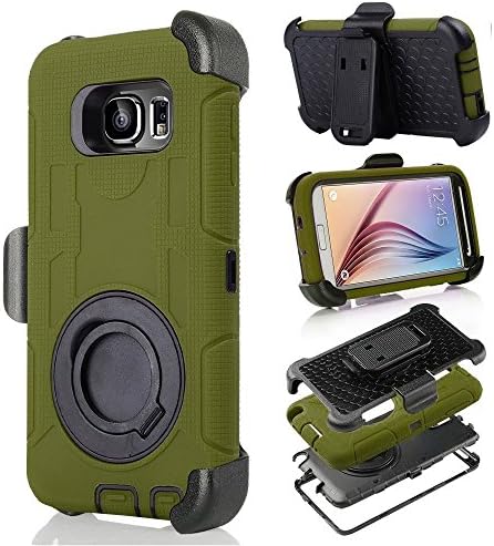 S6 Case, Galaxy S6 Case, Aitech Ultra Shock&drop-proof Amy-grade Protective Hard Defender Case and Three Layer Hard Shell Cover Holster with 360 Degree Rotating Ring Bracket Protective Case for Samsung Galaxy S6-- TPU Rubber & Silicone Case with Stand & Clip for Samsung Galaxy S6 (Army Green+Black)