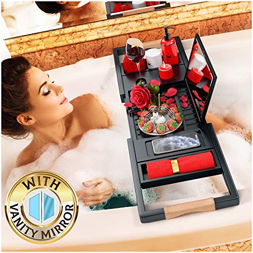 Premium Black Bathtub Tray [with Mirror] 1-2 Adults Expandable Bamboo Bath Tray, Beautiful Gift Box, Fits Any Tub - Holds Book, Wine, Phone, Ipad, Laptop