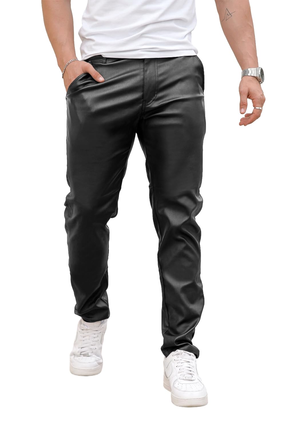 GINGTTO Mens Black Leather Pants Slim Fit Disco