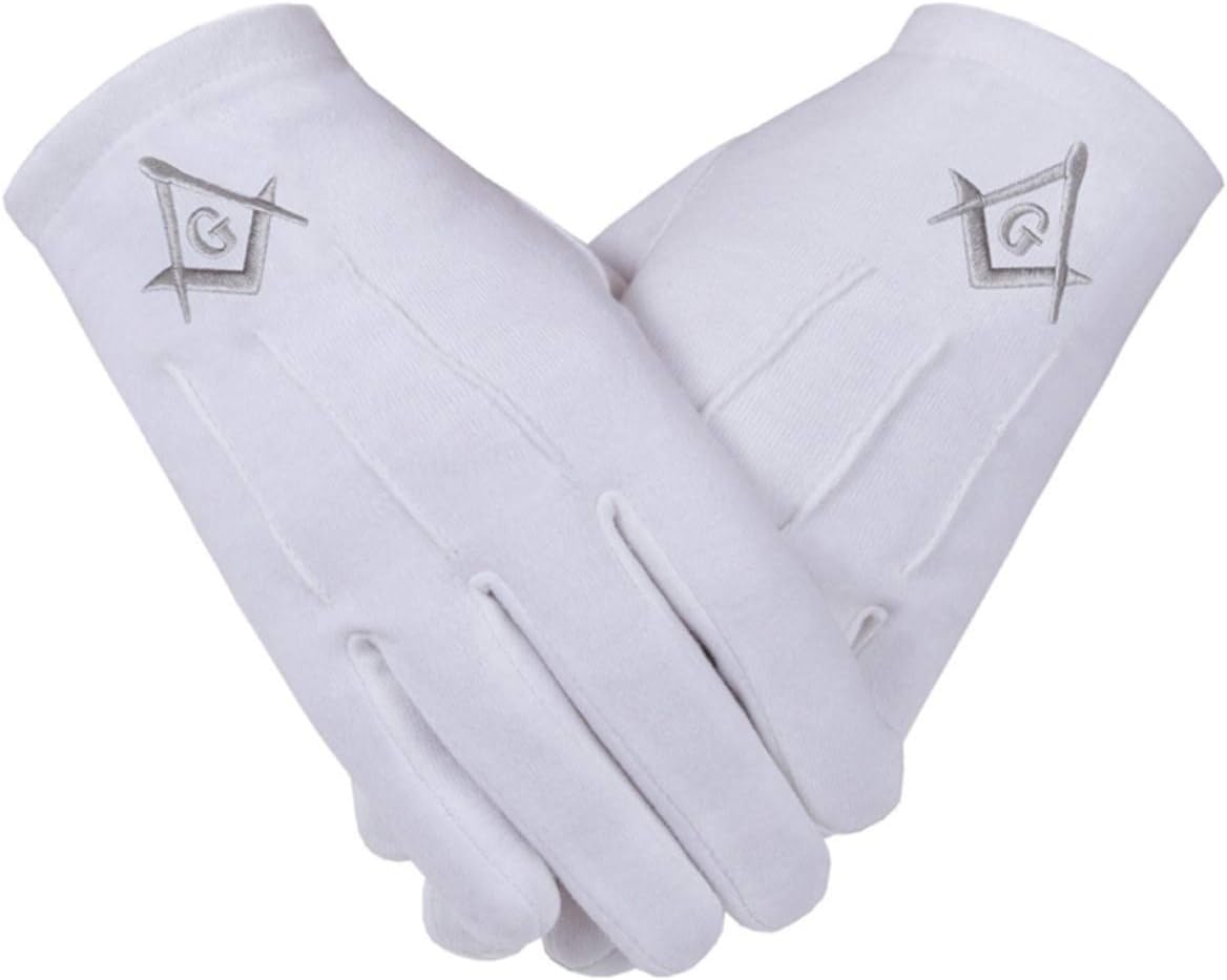 Freemasons Masonic White Gloves in Cotton with SC&G in Silver Embroidered Medium