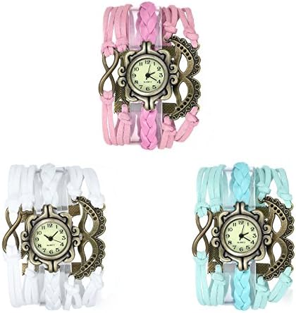 3 Set of Charming Vintage Weave Wrap Leather Chain Retro Bronze Bracelet Watch for Womens Fiiliip