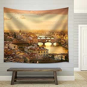 Sunset View of Bridge Ponte Vecchio. Florence, Italy - Fabric Wall Tapestry Home Decor - 51x60 inches