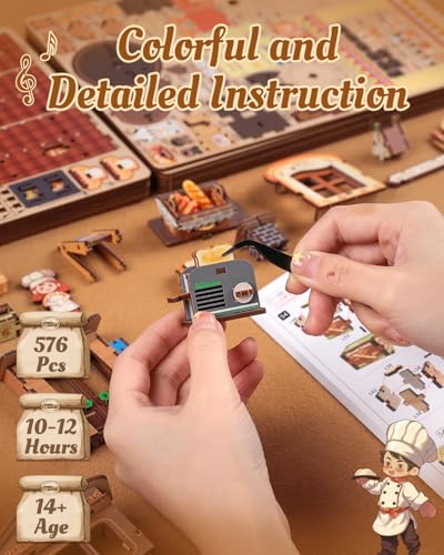 CUTEBEE 3D Holzpuzzle Bread Factory – Modellbau Holz Bausatz für Erwachsene mit LED, Musik & rotierenden Mechanismen, 576-teiliges Miniatur-Haus, Holzbausatz DIY, Bücherregal-Deko, Geschenkidee