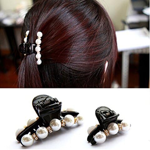 2 Pcs Man-Made Pearl Women Lady Girls Hair Black Clip Pin Claw Barrettes Accessories (1 Big + 1 Small)