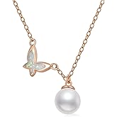 Zoeniya Pearl Necklace for Women Christmas Gifts for Women 14K Rose Gold Plated s925 Sterling Silver Necklace Butterfly Pendant Pearl Jewelry, Sterling Silver, Pearl