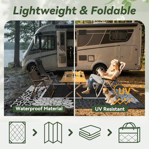 RESARE-Outdoor Rug-Patio Rug 8x10 ft RV Camping Floral Waterproof Mat Portable Outdoor Area Carpet for Deck Porch Picnic Balcony Backyard Beach Rugs Reversible Non Fading Black & White