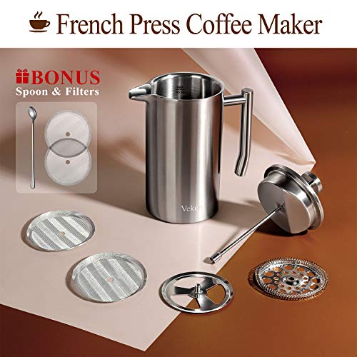 Veken French Press DoubleWall 18/10 Stainless Steel Coffee & Tea Maker
