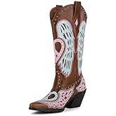 pinokino Women's Western Cowgirl Boots Embroidery Angel Wings Mid Calf Pointed Toe Chunky Heel Cowboy Boots for Women