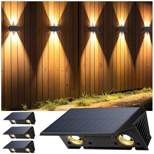 IIRARA Solar Fence Lights Outdoor Garden, Ambient Atmosphere, 4-Pack Warm White, Up & Down Solar Wall Lights Outdoor, Waterproof, Fence Lights Solar Powered for Yard/Pool/Porch