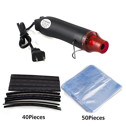 Heat Gun, URBEST Mini Hot Air Gun 300W Handheld Multi-Purpose Electric Heating US Plug Tool for DIY Craft with 40Pcs Heat Shrink Tubing and 50Pcs Shrink Wrap Bags (Black heat gun)