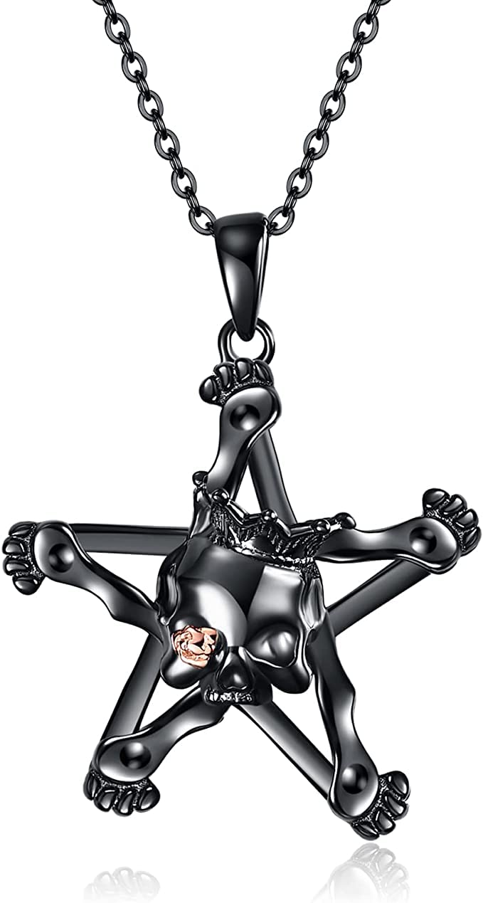 VENACOLY Skull Pentagram Necklace Sterling Silver Steampunk Black Skull Pendant Necklace Pentacle Gothic Mother's Day Jewellery for Women Men