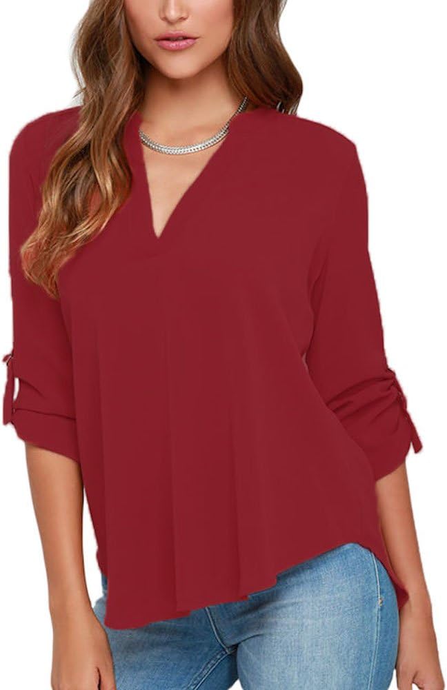 roswear Women's Casual V Neck Cuffed Sleeves Solid Chiffon Blouse Top Red Small