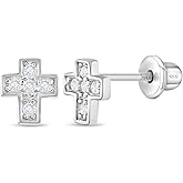 In Season Jewelry CZ Little Cross Stud Earrings - 925 Sterling Silver Earrings for Girls with Secure Screw Backs - Safe & Comfortable for Toddlers, Kids & Little Girls