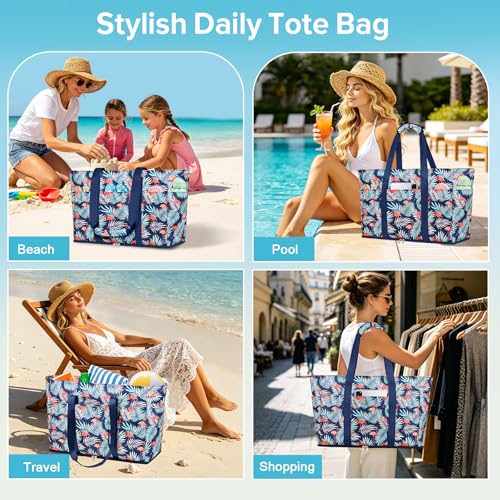 LUROON Large Women's Shoulder Bag, Corduroy Tote Bag with Zipper and Various Pockets University Bag Work Bag for Work Beach Travel School, Navy Blue Flamingos