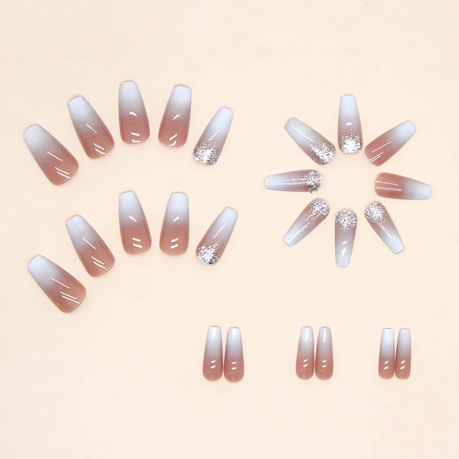 IMSOHOT Long Coffin Press on Nails Pink White Gradient Fake Nails Glitter Ballerina False Nails Glossy Full Cover Acrylic Nails Glue on Nails for Women 24pcs - Image 3