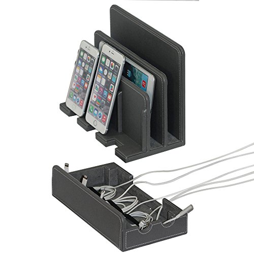 G.U.S. Personalized Monogrammed Multi-Device Charging Station Dock & Organizer - Multiple Finishes Available. For Laptops, Tablets, and Phones - Strong Build, Gray Leatherette (Textured)