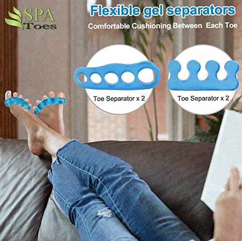 SPA Toes - Orthopedic Toe Separators - Stretchers - Straighteners & Dividers for Correcting Overlapping Toes, Bunions, Hammer Toe, Corns, Pedicures - Soft Gel Spacers - Cleansing Alcohol Pad
