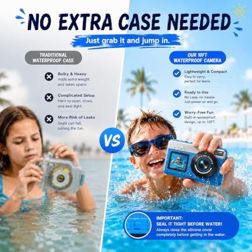Maxmango D70 Underwater Camera,10FT Waterproof Camera,4K 48MP Compact Digital Camera with Autofocus Selfie Dual-Screen,for Boys Girls Teens Beginner Snorkelling,Swimming and Holidays(16GB)