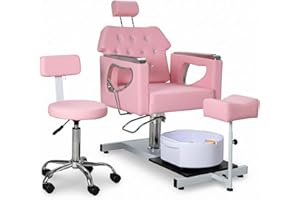 IJIALIFE Pedicure Chair with Foot Spa & Stool, Nail Tech Pedicure Station Set with Adjustable Pedicure Stand, Bubble Massage Basin, Nail Salon Manicure Chair for Spa Salon Home (Pink)