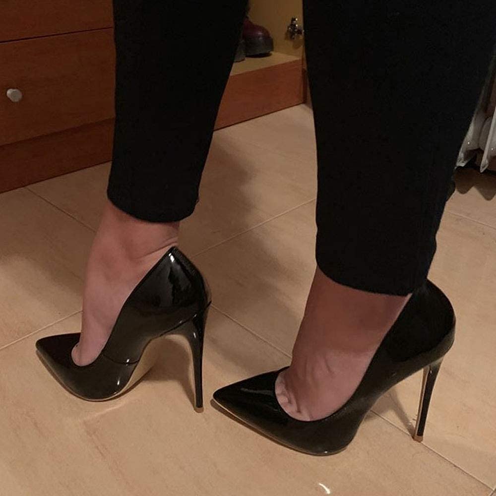 GENSHUO Dames Hoge Hak Schoenen Klassieke Spitse Neus Stiletto 10 cm Hakken Bruiloften Jurk Gala Feest Elegant Kantoor, Zwart Patent, 38.5 EU