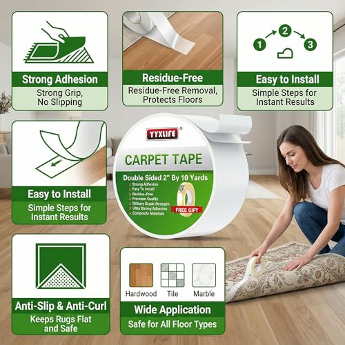 YYXLIFE Double Sided Removable Rug Tape - Carpet Adhesive for Hardwood Floors,Non Slip Anti Curling Floor Tape for Area Rugs,Mats,Carpets - No Residue Strong Hold for Tile, 2Inch x 10Yards,White