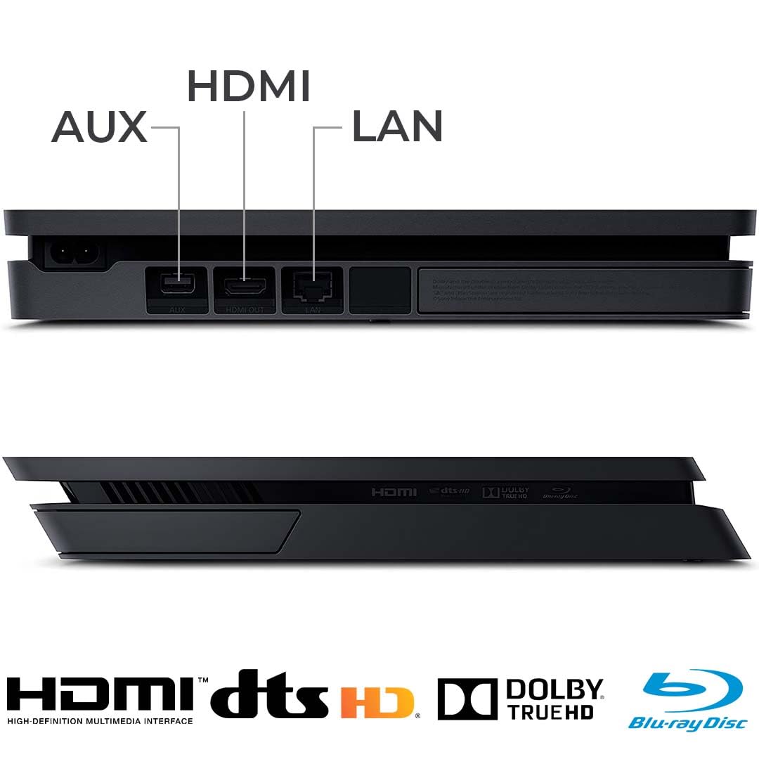 PlayStation 4 Slim 500GB Console Bundle - Includes the PS4 Slim Console 500GB, 2 Dualshock 4 Wireless Controllers, MicroUSB Charging Cable, HDMI cable, Wired Earbuds and Microfiber Cloth (Renewed)