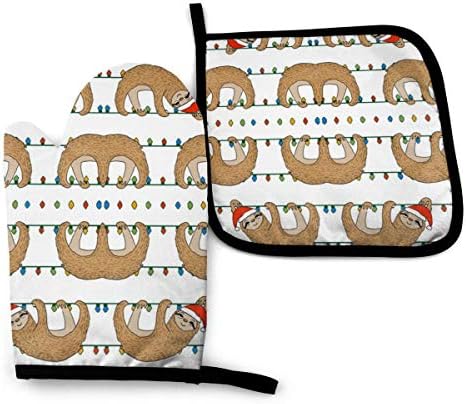 耐熱ミトン 与え オーブンミトン 鍋つかみ ミトン オーブングローブ 断熱 防水 やけど防止 滑り止め 厚手 オー クリスマスナマケモノかわいい クリスマスホリデークリスマスナマケモノ父サンタクロースかわいい動物白 かわいい 耐久性 鍋料理 オーブン料理