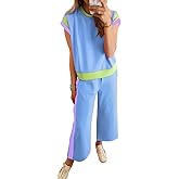 SHEWIN Women's 2 Piece Lounge Sets Casual Short Sleeve Pullover Tops Matching Wide Leg Pants Tracksuit Set