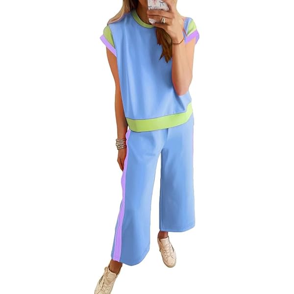 Women's 2 Piece Summer Set - Sleeveless Rib Tank Top & Striped Wide Leg Pants Outfit