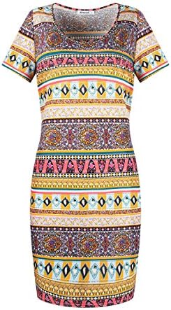 Floral Dresses,Summer Stylish Boho Geometric Tunic Dress Lightweight Stretchy Utility Short Sleeve Lounge Party Sexy Bodycon Dress Yellow XL