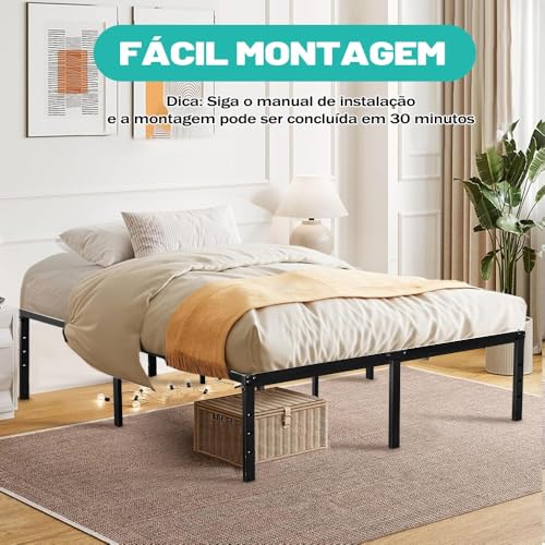 190 * 136 * 36 Cm Base Cama Casal, Estrutura de Cama de Casal Em Metal, Com Suportes de Ripas, Grande Espaço Embaixo da Cama