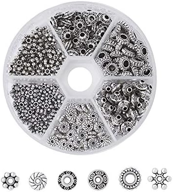 Beadthoven 300pcs/Box Tibetan Style Spacers Beads 6 Style Assorted Antique Silver Vintage Alloy Beads for Jewelry Making Handmade Bracelets Accessories Crafts Decoration