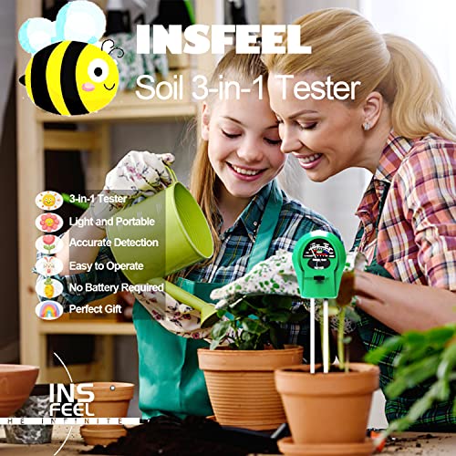 Soil Tester, Moisture pH Light Meter Probe Test Kit for Outdoor Indoor Gardening, Plant Hydrometer for Garden, Lawn, Home, Farm - 3 in 1, No Battery Needed (Green)