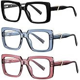 bullabulling 3 Pack Square Reading Glasses for Women Oprah Style Spring Hinges Readers Oversize Blue Light Blocking Glasses