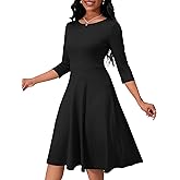 PerZeal Casual Dress for Women 3/4 Sleeve Crew Neck Midi Dress A-Line High Waist Flowy Wrap Swing Flare Dress
